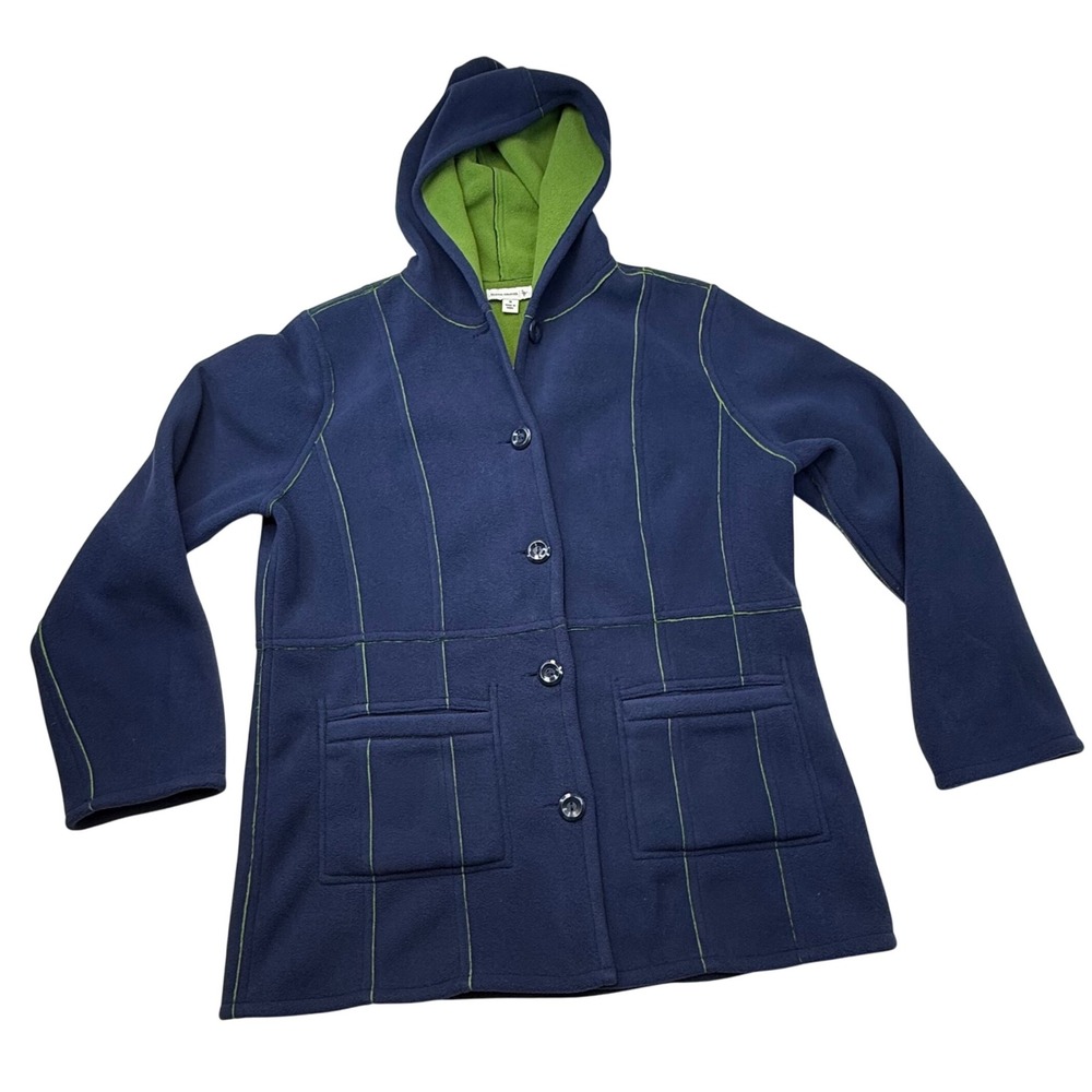 Susan Graver Fleece Reversible Hooded Jacket Womens Med Navy Blue Green Coat
